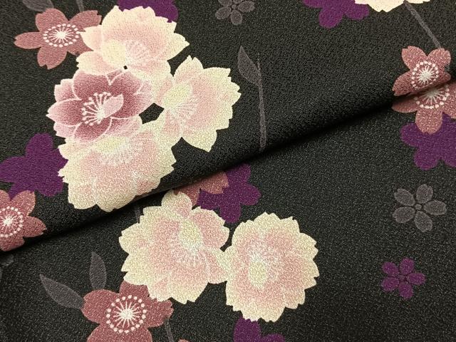 平和屋着物●小紋　枝花文　黒地　洗える着物　AABJ4458fy