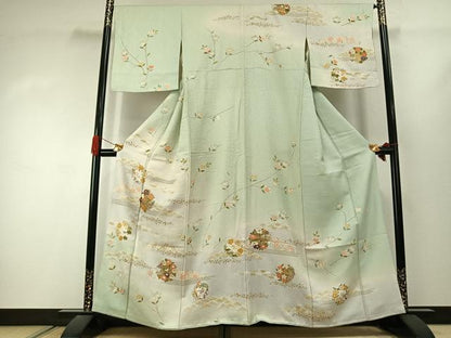 平和屋着物●訪問着　作家物　駒刺繍　草花文　暈し染め　金彩　正絹　逸品　AABJ4464fy