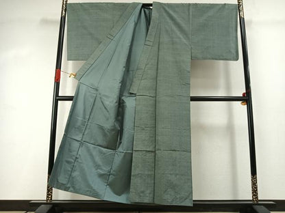 平和屋着物●男性　紬　アンサンブル　髭紬　羽織セット　色無地　千草色　正絹　逸品　AABJ4467fy