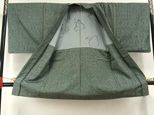 平和屋着物●男性　紬　アンサンブル　髭紬　羽織セット　色無地　千草色　正絹　逸品　AABJ4467fy