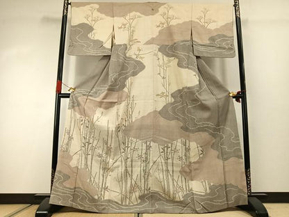 平和屋着物●訪問着　生紬地　枝花文　正絹　逸品　AABJ4468fy