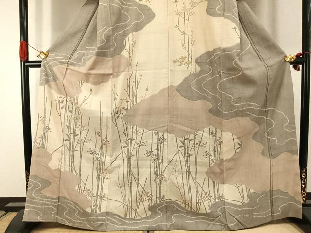 平和屋着物●訪問着　生紬地　枝花文　正絹　逸品　AABJ4468fy