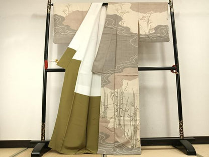 平和屋着物●訪問着　生紬地　枝花文　正絹　逸品　AABJ4468fy
