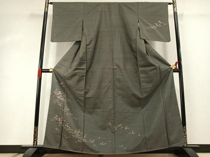 平和屋着物●訪問着　紬地　草花文　正絹　逸品　AABJ4475fy