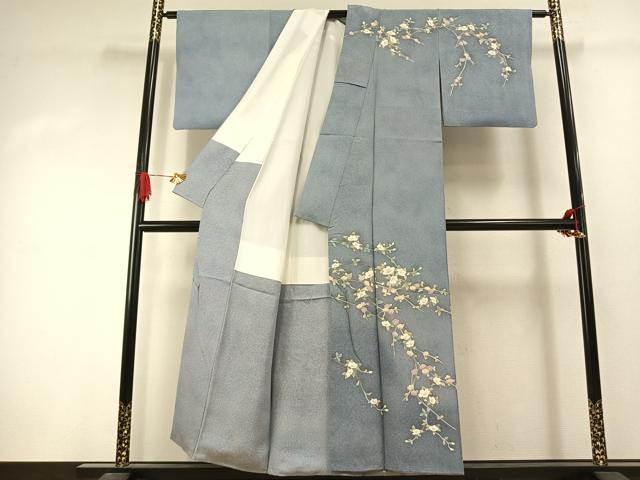 平和屋着物●訪問着　友禅　作家物　枝花文　暈し染め　浜ちりめん　反端付き　正絹　逸品　AABJ4487fy