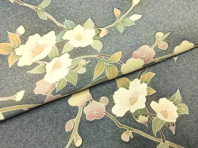 平和屋着物●訪問着　友禅　作家物　枝花文　暈し染め　浜ちりめん　反端付き　正絹　逸品　AABJ4487fy