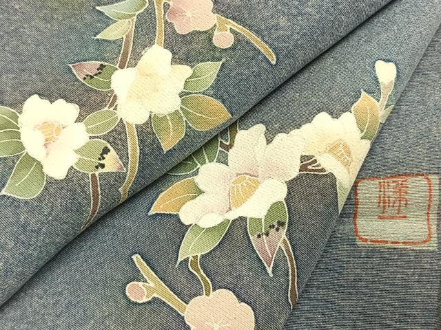 平和屋着物●訪問着　友禅　作家物　枝花文　暈し染め　浜ちりめん　反端付き　正絹　逸品　AABJ4487fy
