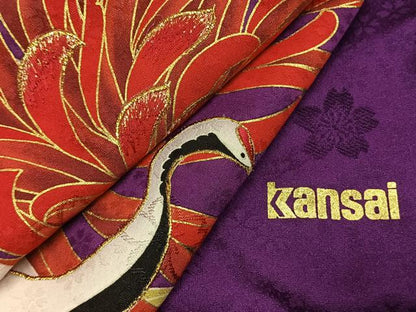 平和屋着物●世界的ファッションデザイナー　山本寛斎　kansaiブランド　振袖　花鳥文　金糸　金彩　正絹　逸品　AABJ4492fy