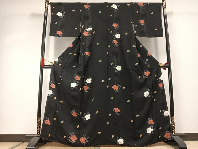 平和屋着物●上質な小紋　地紋起こし　草花文　黒地　金彩　正絹　逸品　AABJ4497fy
