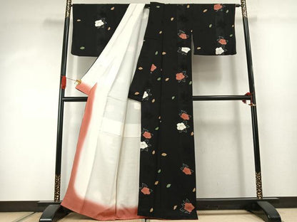 平和屋着物●上質な小紋　地紋起こし　草花文　黒地　金彩　正絹　逸品　AABJ4497fy