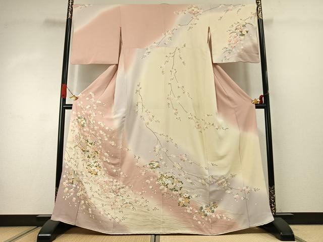 平和屋着物●訪問着　駒刺繍　草花文　暈し染め　正絹　逸品　AABJ4505fy