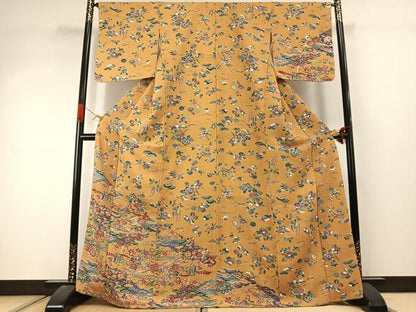 平和屋着物●訪問着　型染め　花鳥文　鬼しぼ縮緬　正絹　逸品　未使用　AABJ4507fy
