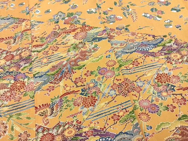 平和屋着物●訪問着　型染め　花鳥文　鬼しぼ縮緬　正絹　逸品　未使用　AABJ4507fy