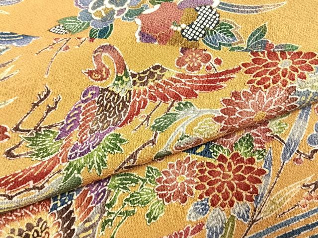 平和屋着物●訪問着　型染め　花鳥文　鬼しぼ縮緬　正絹　逸品　未使用　AABJ4507fy