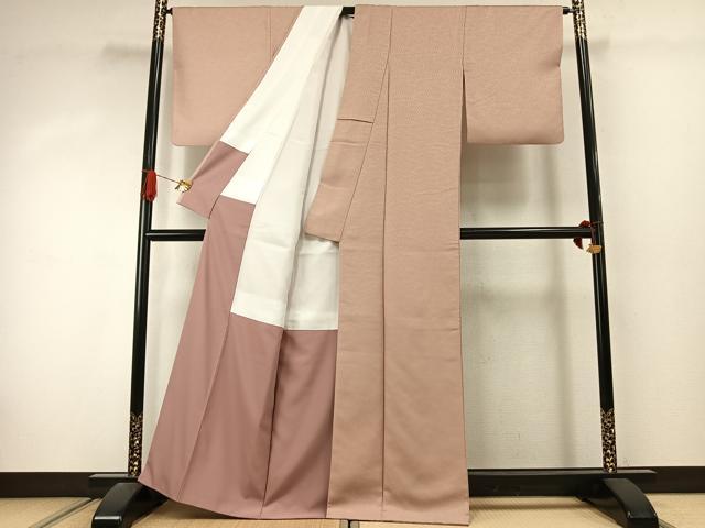 平和屋着物●色無地　流水地紋　洗柿色　洗える着物　AABJ4511fy