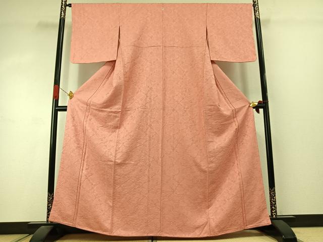 平和屋着物●上質な色無地　草葉地紋　珊瑚朱色　正絹　逸品　未使用　AABJ4514fy