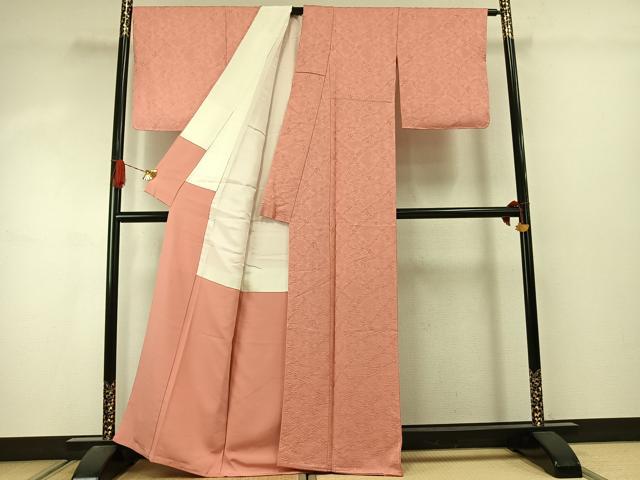 平和屋着物●上質な色無地　草葉地紋　珊瑚朱色　正絹　逸品　未使用　AABJ4514fy