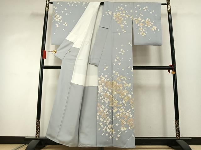平和屋着物●訪問着　駒刺繍　舞桜文　銀糸　正絹　逸品　AABJ4517fy