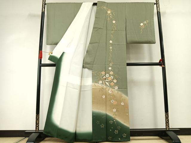 平和屋着物●訪問着　駒刺繍　草花文　暈し染め　金銀彩　正絹　逸品　AABJ4523fy