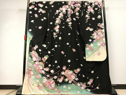 平和屋着物●豪華振袖　草花文　暈し染め　黒地　金通し地　正絹　逸品　AABJ4524fy