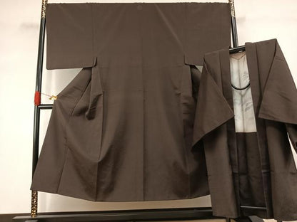 平和屋着物●男性　お召　アンサンブル　色無地　黒橡色　正絹　逸品　AABJ4528fy