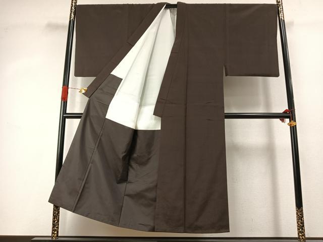 平和屋着物●男性　お召　アンサンブル　色無地　黒橡色　正絹　逸品　AABJ4528fy
