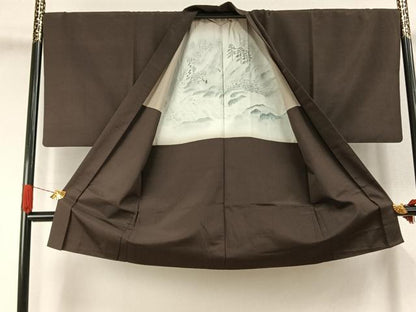 平和屋着物●男性　お召　アンサンブル　色無地　黒橡色　正絹　逸品　AABJ4528fy