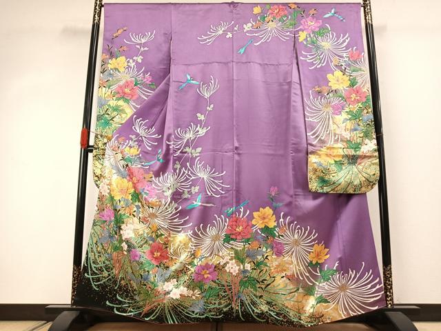 平和屋着物●豪華振袖　駒刺繍　花鳥文　金糸　金彩　正絹　逸品　AABJ4534fy