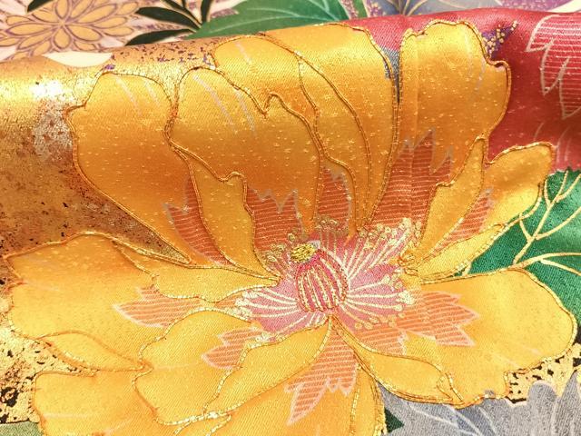 平和屋着物●豪華振袖　駒刺繍　花鳥文　金糸　金彩　正絹　逸品　AABJ4534fy