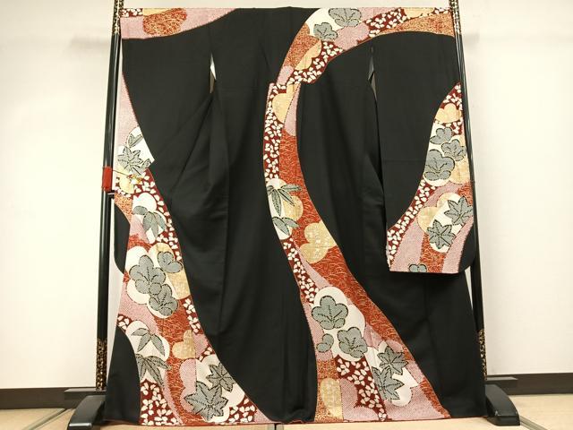 平和屋着物●豪華振袖　熨斗花文　黒地　金彩　正絹　逸品　AABJ4548fy