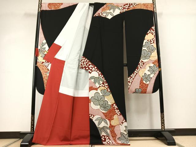 平和屋着物●豪華振袖　熨斗花文　黒地　金彩　正絹　逸品　AABJ4548fy
