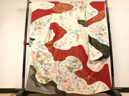 平和屋着物●豪華振袖　駒刺繍　絞り　花鳥文　金彩　正絹　逸品　AABJ4557fy