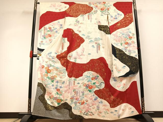平和屋着物●豪華振袖　駒刺繍　絞り　花鳥文　金彩　正絹　逸品　AABJ4557fy