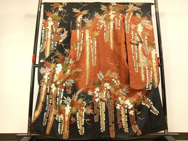 平和屋着物●豪華振袖　駒刺繍　花蝶文　暈し染め　金彩　正絹　逸品　AABJ4558fy