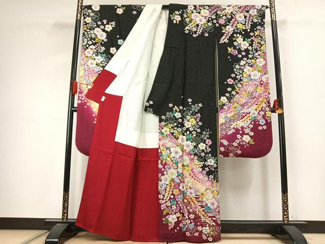 平和屋着物●豪華振袖　辻が花　絞り　暈し染め　黒地　銀通し地　鈴乃屋扱い　正絹　逸品　AABJ4594fy