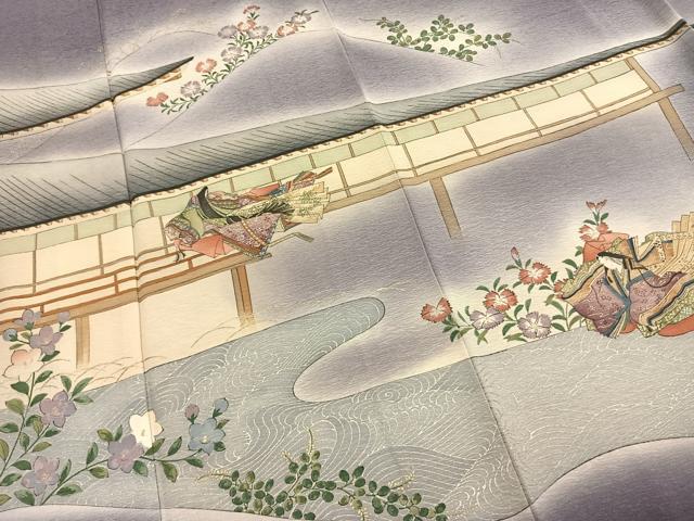平和屋着物●友禅師・京の名工・伝統工芸士・樽本伊勢蔵 　訪問着　人物風景花文　暈し染め　金銀彩　正絹　逸品　AABJ4596fy