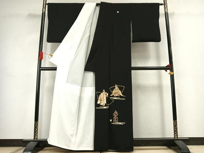 平和屋着物●蓑虫工芸作家　田尾笛秋　黒留袖　人物文　金銀彩　正絹　逸品　AABJ4617fy