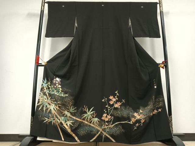 平和屋着物●ちぎり絵女流作家　谷口妙絵　黒留袖　枝梅　竹　人物文　暈し染め　金銀彩　正絹　逸品　AABJ4631fy