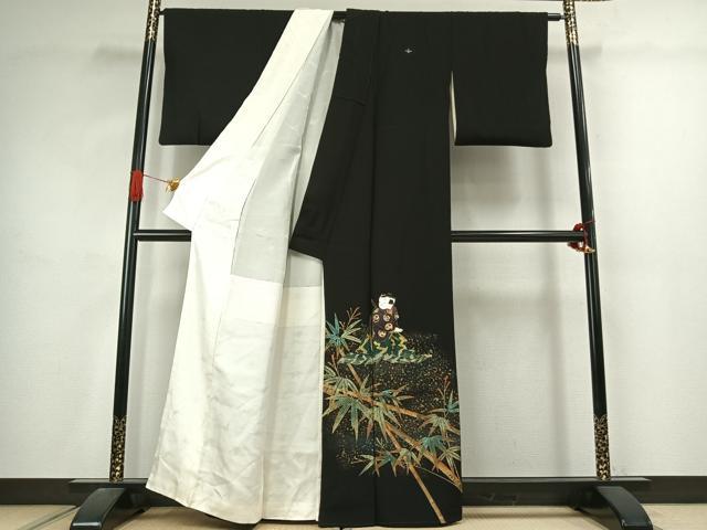 平和屋着物●ちぎり絵女流作家　谷口妙絵　黒留袖　枝梅　竹　人物文　暈し染め　金銀彩　正絹　逸品　AABJ4631fy