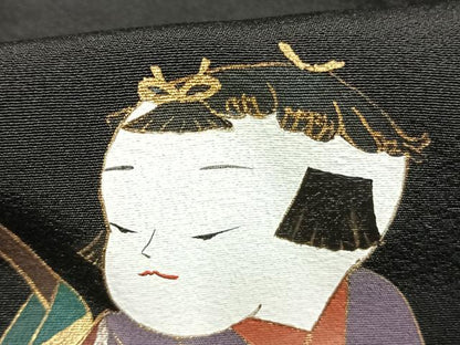 平和屋着物●ちぎり絵女流作家　谷口妙絵　黒留袖　枝梅　竹　人物文　暈し染め　金銀彩　正絹　逸品　AABJ4631fy