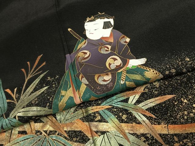 平和屋着物●ちぎり絵女流作家　谷口妙絵　黒留袖　枝梅　竹　人物文　暈し染め　金銀彩　正絹　逸品　AABJ4631fy