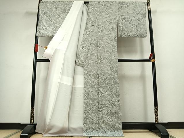 平和屋着物●山岡古都・古都染人　染織美術品　薬墨染　天目織　お召　切嵌花文　反端付き　正絹　逸品　AABJ4642fy