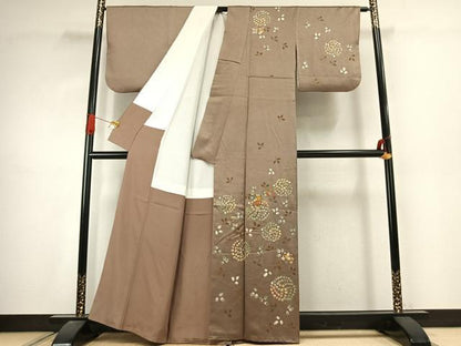 平和屋着物●訪問着　刺繍　草花文　金糸　正絹　逸品　AABJ4645fy