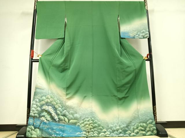 平和屋着物●訪問着　作家物　手描き　刺繍　風景文　暈し染め　金彩　ロング丈　正絹　逸品　AABJ4646fy