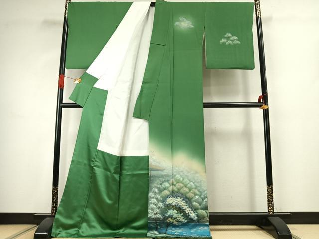 平和屋着物●訪問着　作家物　手描き　刺繍　風景文　暈し染め　金彩　ロング丈　正絹　逸品　AABJ4646fy