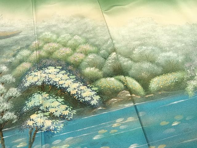 平和屋着物●訪問着　作家物　手描き　刺繍　風景文　暈し染め　金彩　ロング丈　正絹　逸品　AABJ4646fy