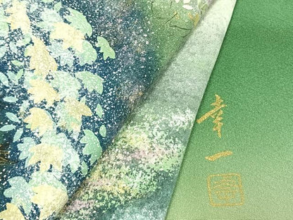 平和屋着物●訪問着　作家物　手描き　刺繍　風景文　暈し染め　金彩　ロング丈　正絹　逸品　AABJ4646fy