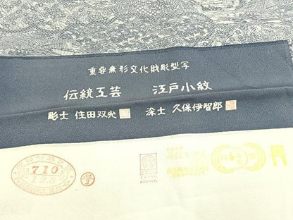 平和屋着物●江戸小紋　彫士：住田双光・染士：久保伊智郎　風景文　丹後ちりめん　反端付き　正絹　逸品　AABJ4647fy