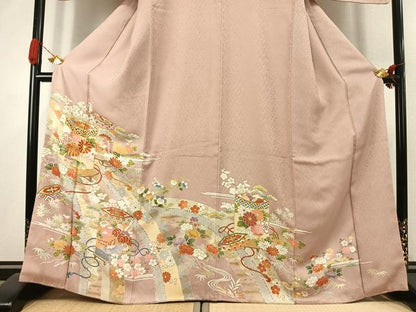 平和屋着物●豪華色留袖　駒刺繍　貝桶花文　金彩　正絹　逸品　AABJ4650fy
