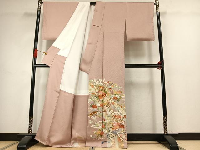 平和屋着物●豪華色留袖　駒刺繍　貝桶花文　金彩　正絹　逸品　AABJ4650fy